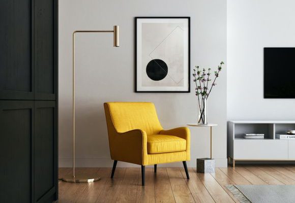 Wall Art - brown wooden framed yellow padded chair