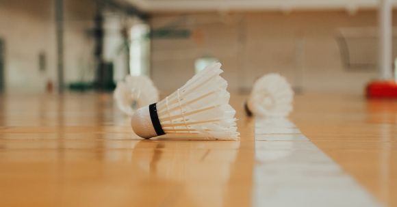 Cork Flooring - Ground level of similar plastic shuttlecocks reflecting on bright shiny floor with marking line